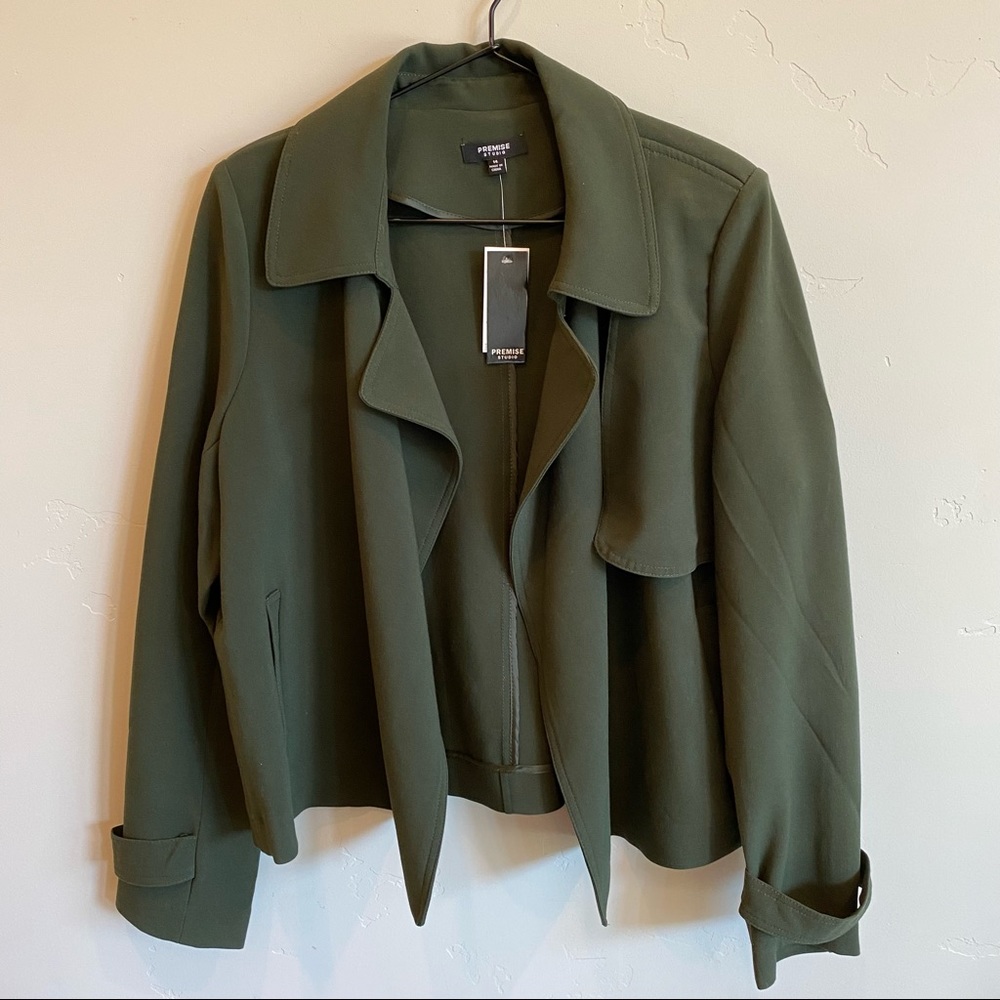 PREMISE STUDIO Camo Green Open Front Cropped Fashion Jacket